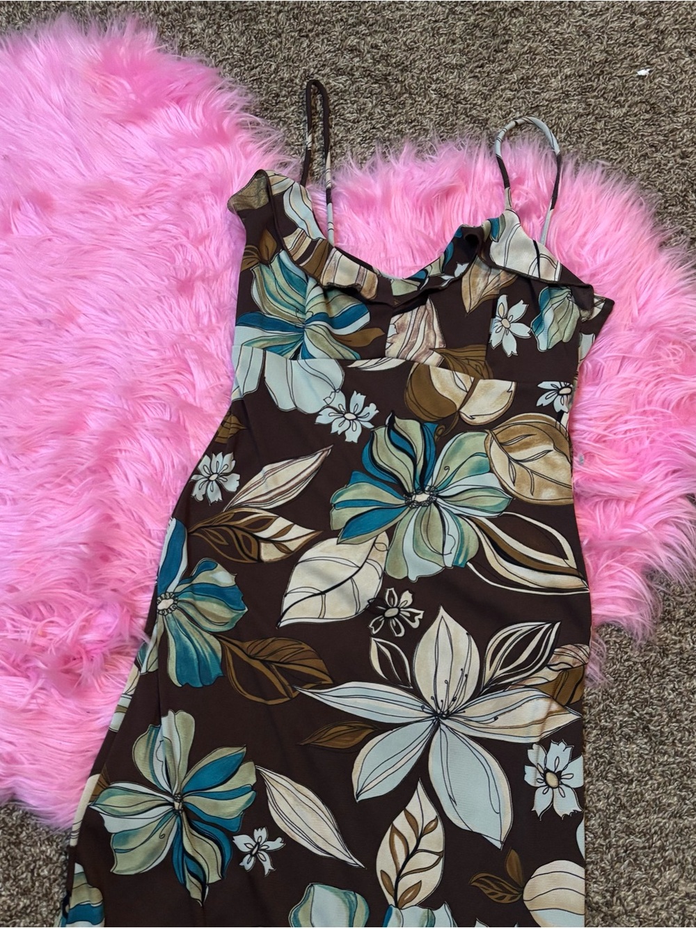 Vintage Y2K La Belle Brown Floral Handkerchief Hem Slip Dress Women’s M Made USA